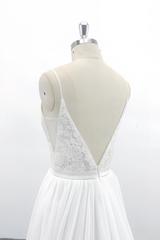 Long V-neck Spaghetti Strap Lace Chiffon A-line Wedding Dress