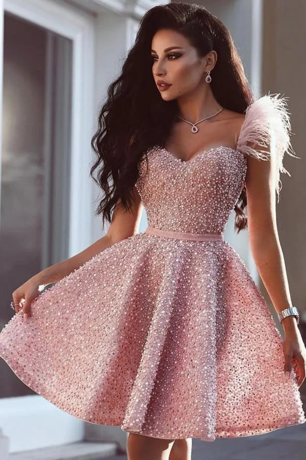 Luxury Pink Short A-line Sweetheart Sequins Prom Dress