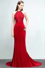 Mermaid Charmeuse Lace Halter Sleeveless Floor Length Bridesmaid Dresses with Sash