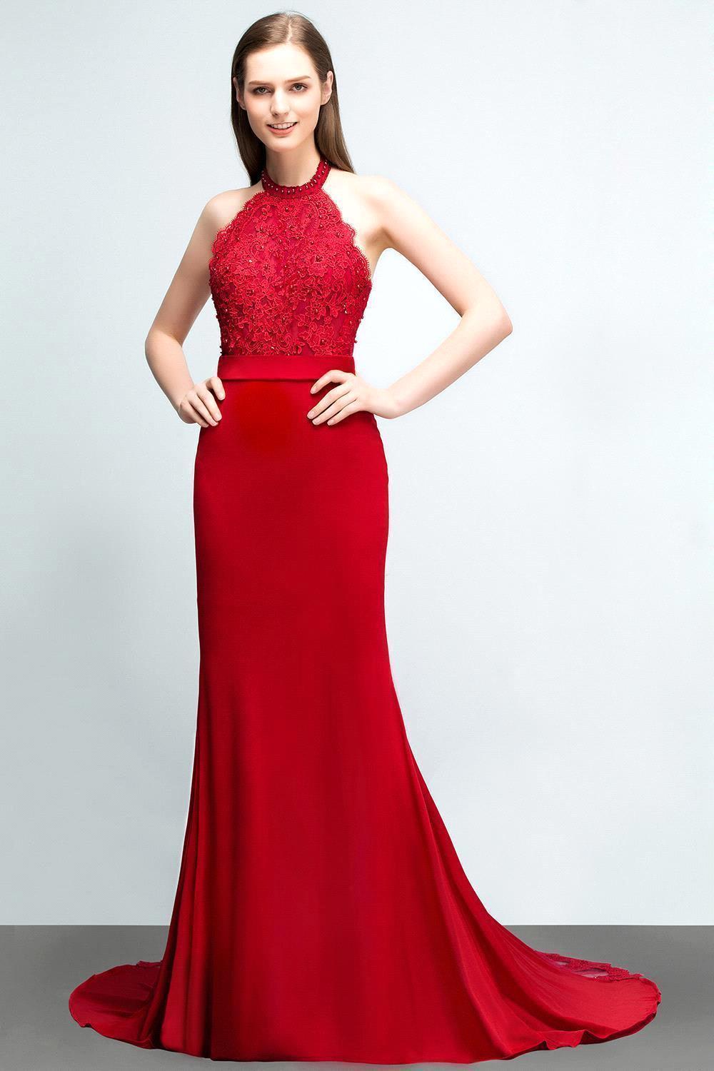 Mermaid Charmeuse Lace Halter Sleeveless Floor Length Bridesmaid Dresses with Sash
