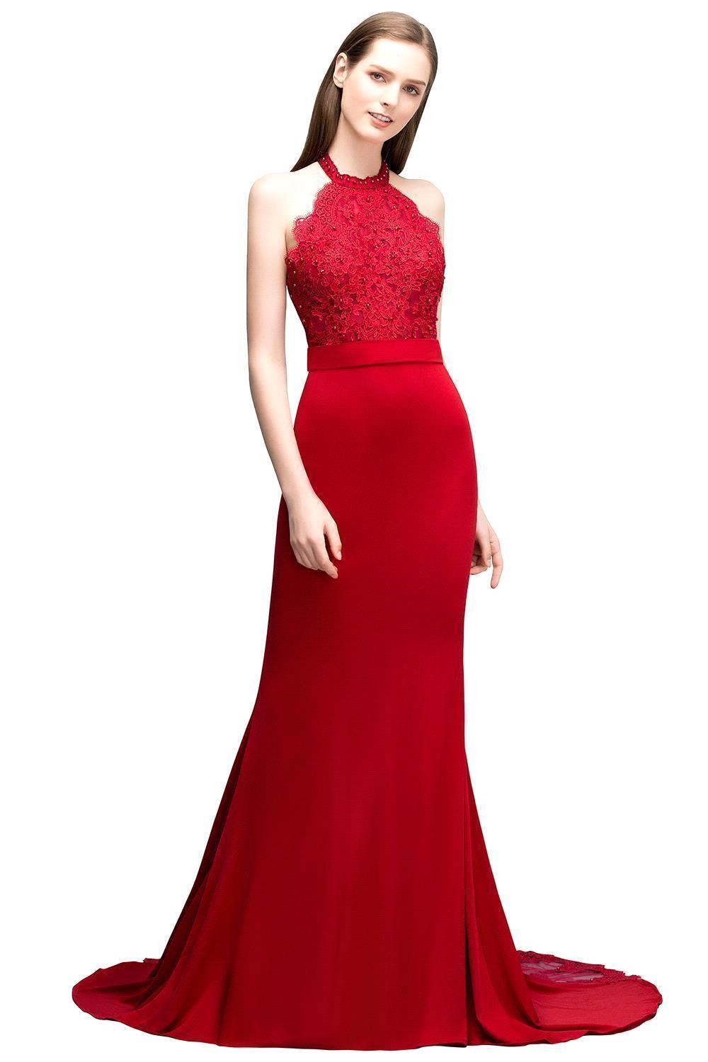Mermaid Charmeuse Lace Halter Sleeveless Floor Length Bridesmaid Dresses with Sash