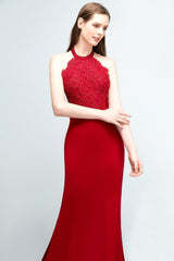 Mermaid Charmeuse Lace Halter Sleeveless Floor Length Bridesmaid Dresses with Sash