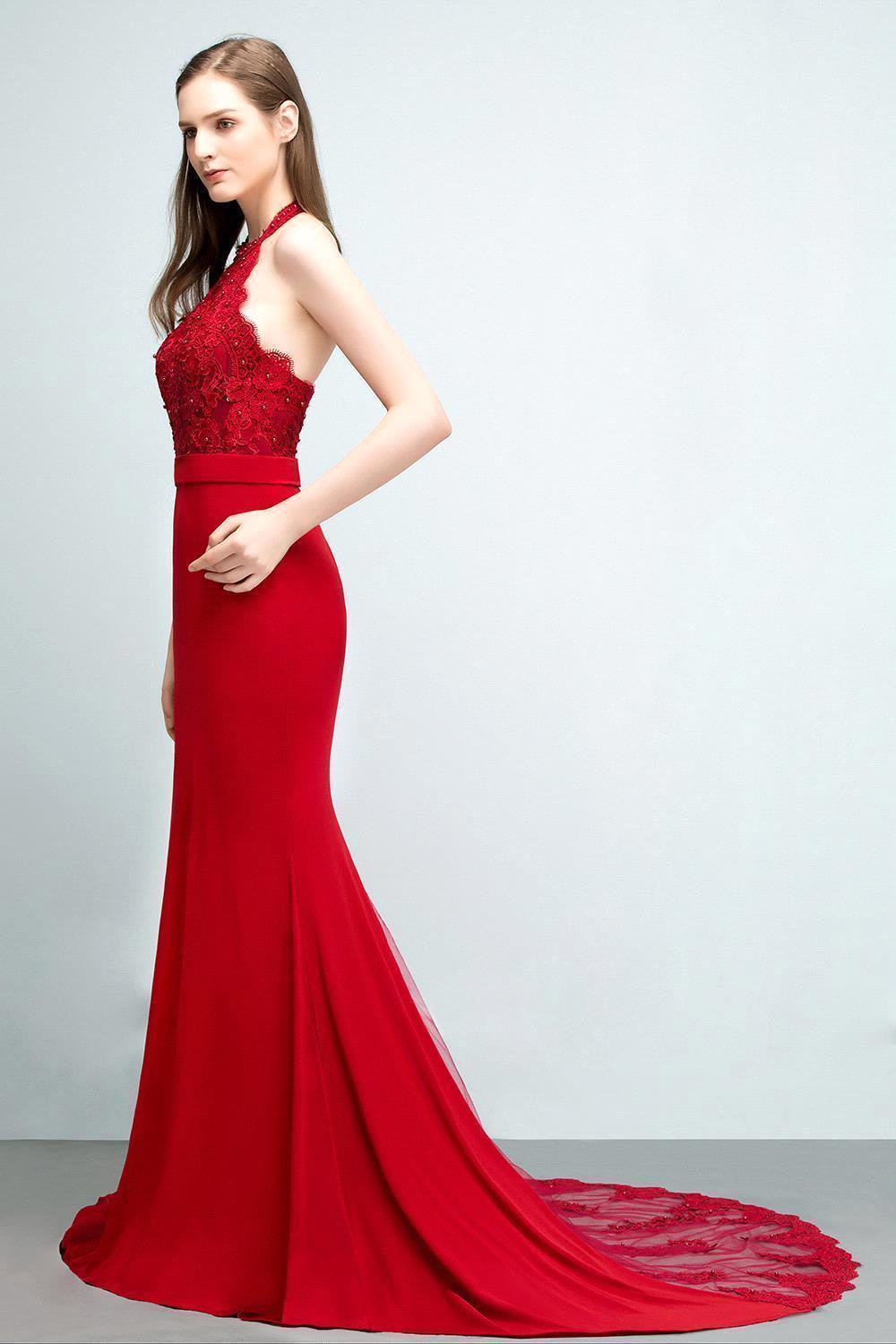 Mermaid Charmeuse Lace Halter Sleeveless Floor Length Bridesmaid Dresses with Sash