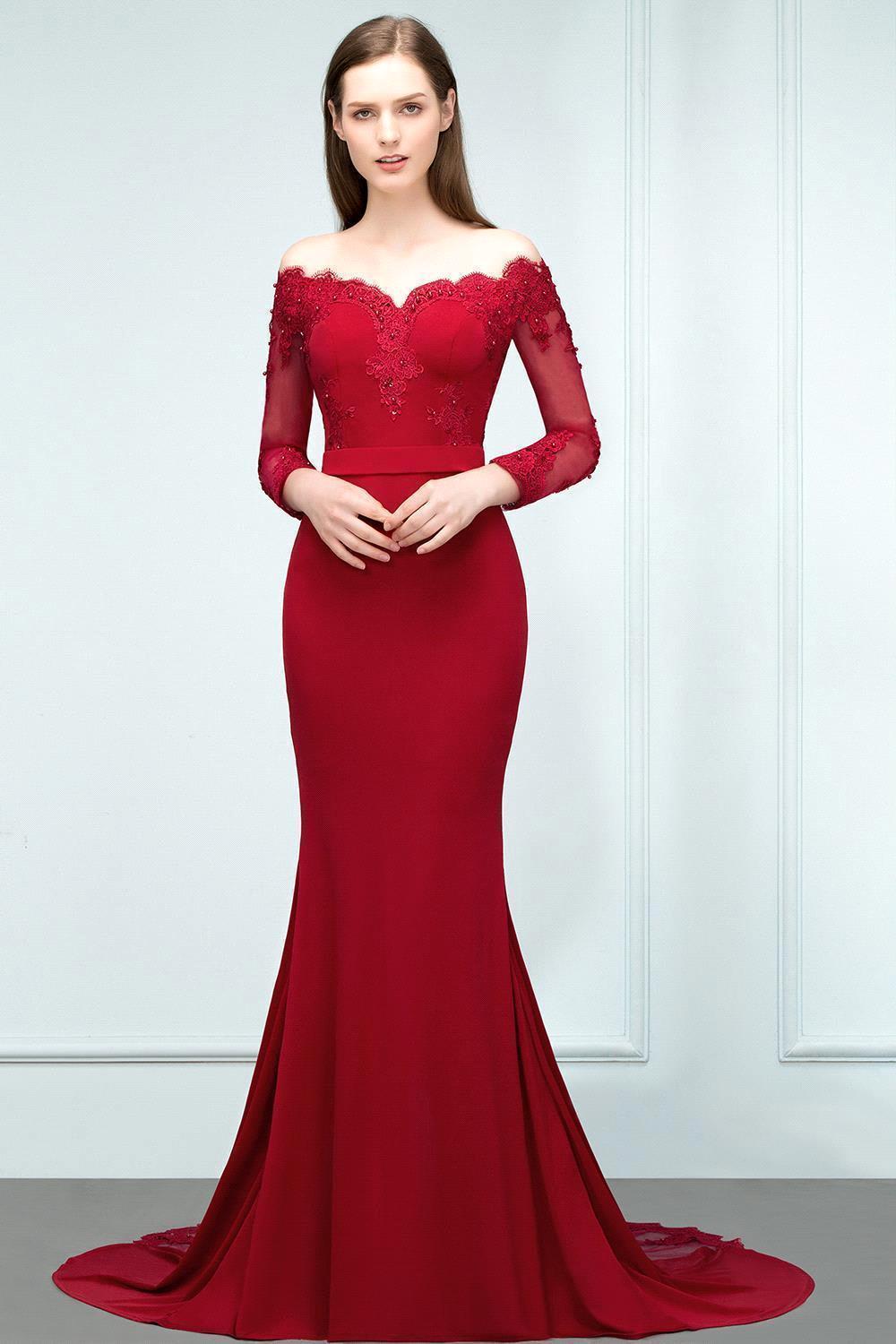 Mermaid Charmeuse Off the Shoulder V-Neck Long-Sleeves Floor Length Bridesmaid Dress with Appliques