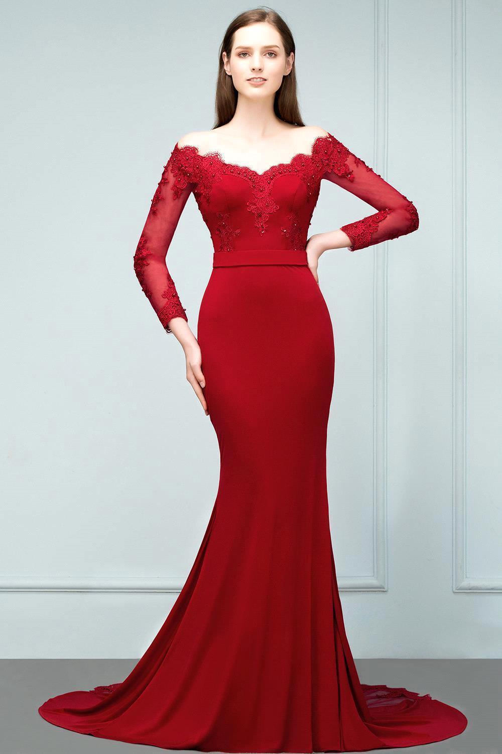 Mermaid Charmeuse Off the Shoulder V-Neck Long-Sleeves Floor Length Bridesmaid Dress with Appliques