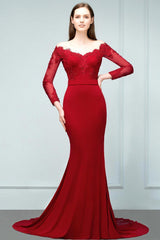 Mermaid Charmeuse Off the Shoulder V-Neck Long-Sleeves Floor Length Bridesmaid Dress with Appliques
