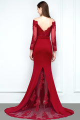 Mermaid Charmeuse Off the Shoulder V-Neck Long-Sleeves Floor Length Bridesmaid Dress with Appliques
