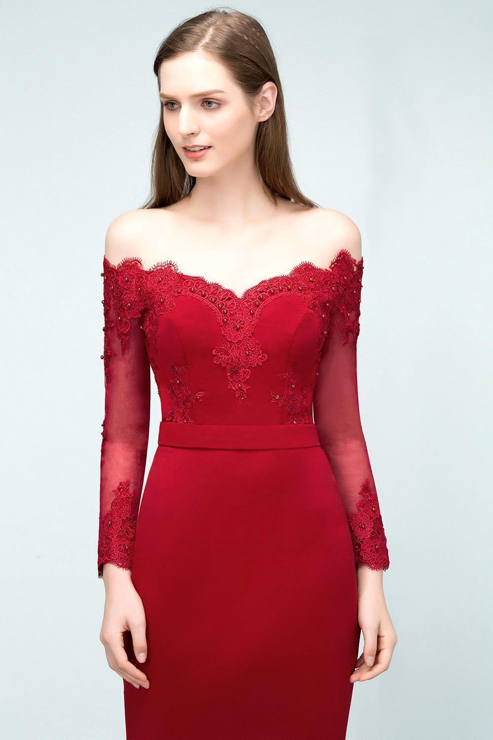 Mermaid Charmeuse Off the Shoulder V-Neck Long-Sleeves Floor Length Bridesmaid Dress with Appliques
