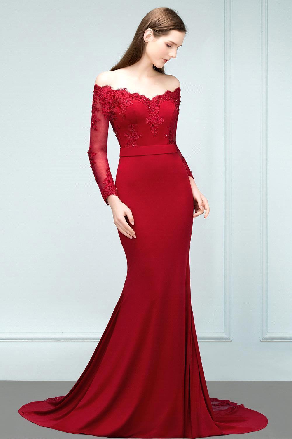 Mermaid Charmeuse Off the Shoulder V-Neck Long-Sleeves Floor Length Bridesmaid Dress with Appliques
