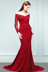 Mermaid Charmeuse Off the Shoulder V-Neck Long-Sleeves Floor Length Bridesmaid Dress with Appliques
