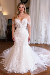 Plus Size Mermaid Off the Shoulder Sweetheart Tulle Lace Long Wedding Dress with Appliques