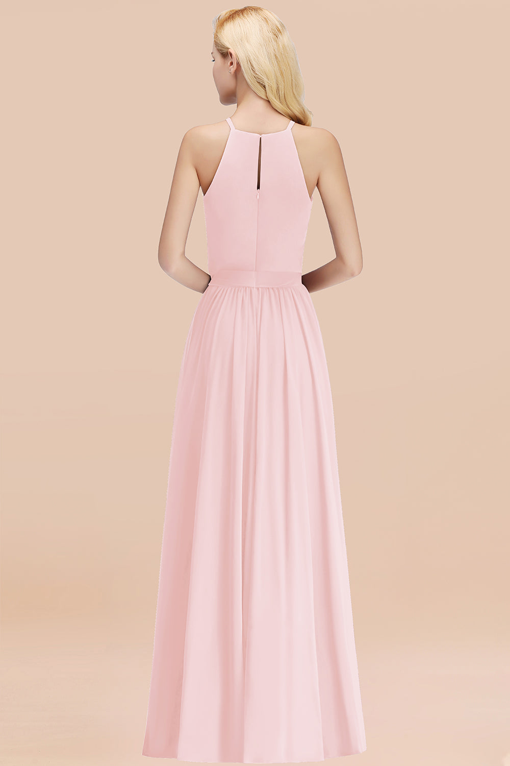 Modest Long A-line Halter Chiffon Bow Blushing Pink Bridesmaid Dresses