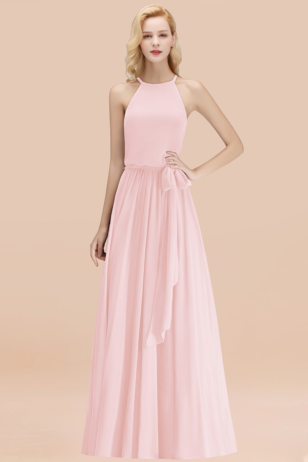 Modest Long A-line Halter Chiffon Bow Blushing Pink Bridesmaid Dresses