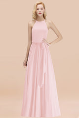 Modest Long A-line Halter Chiffon Bow Blushing Pink Bridesmaid Dresses
