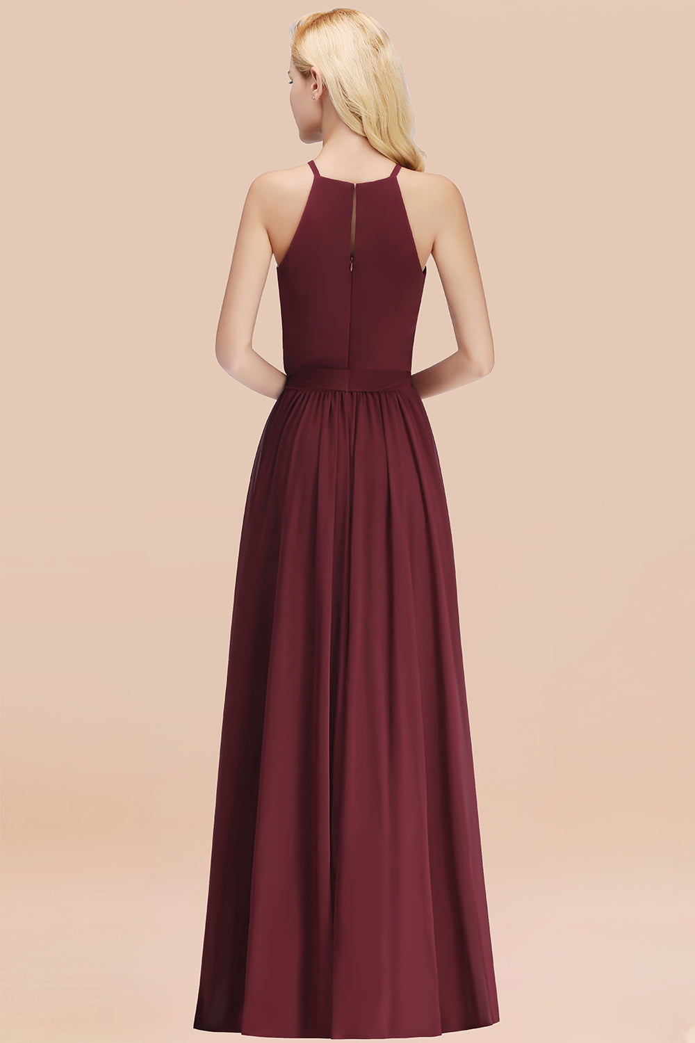 Modest Long A-line Halter Chiffon Bow Burgundy Bridesmaid Dresses