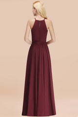 Modest Long A-line Halter Chiffon Bow Burgundy Bridesmaid Dresses