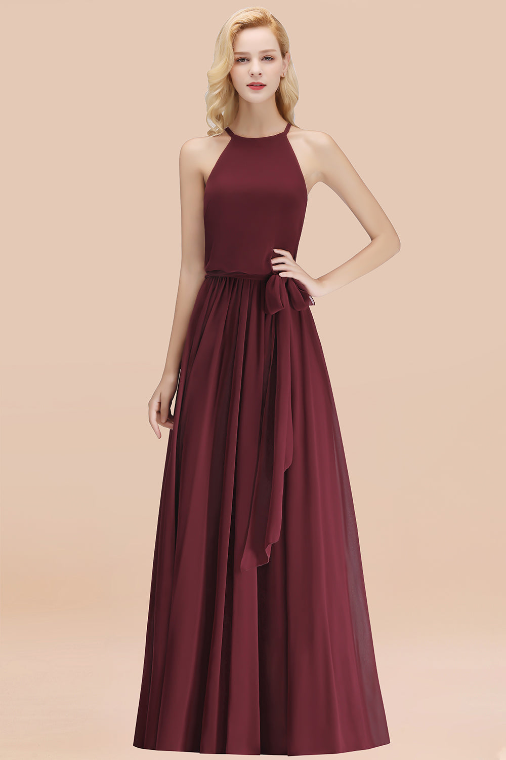 Modest Long A-line Halter Chiffon Bow Burgundy Bridesmaid Dresses