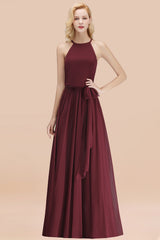 Modest Long A-line Halter Chiffon Bow Burgundy Bridesmaid Dresses