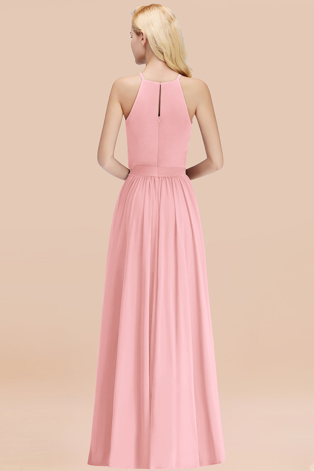 Modest Long A-line Halter Chiffon Bow Candy Pink Bridesmaid Dresses