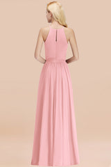 Modest Long A-line Halter Chiffon Bow Candy Pink Bridesmaid Dresses