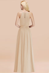 Modest Long A-line Halter Chiffon Bow Champagne Bridesmaid Dresses