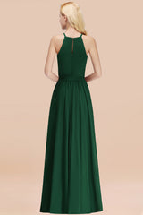 Modest Long A-line Halter Chiffon Bow Dark Green Bridesmaid Dresses