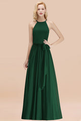 Modest Long A-line Halter Chiffon Bow Dark Green Bridesmaid Dresses