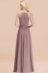 Modest Long A-line Halter Chiffon Bow Dusk Bridesmaid Dresses