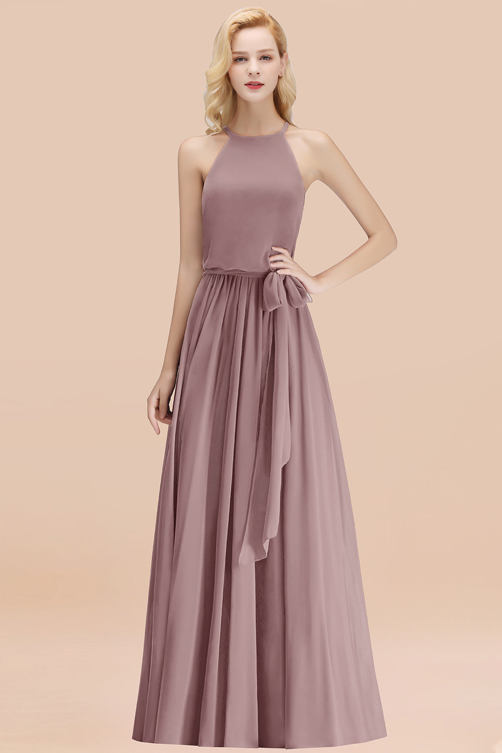 Modest Long A-line Halter Chiffon Bow Dusk Bridesmaid Dresses