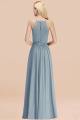 Modest Long A-line Halter Chiffon Bow Dusty Blue Bridesmaid Dresses