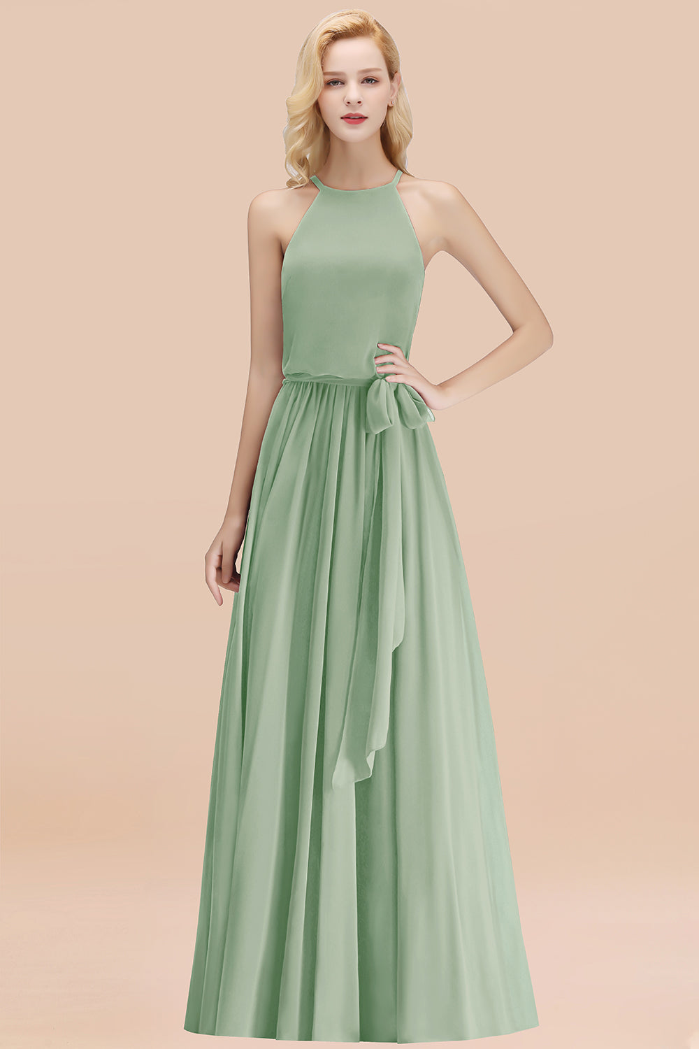 Modest Long A-line Halter Chiffon Bow Dusty Sage Bridesmaid Dresses