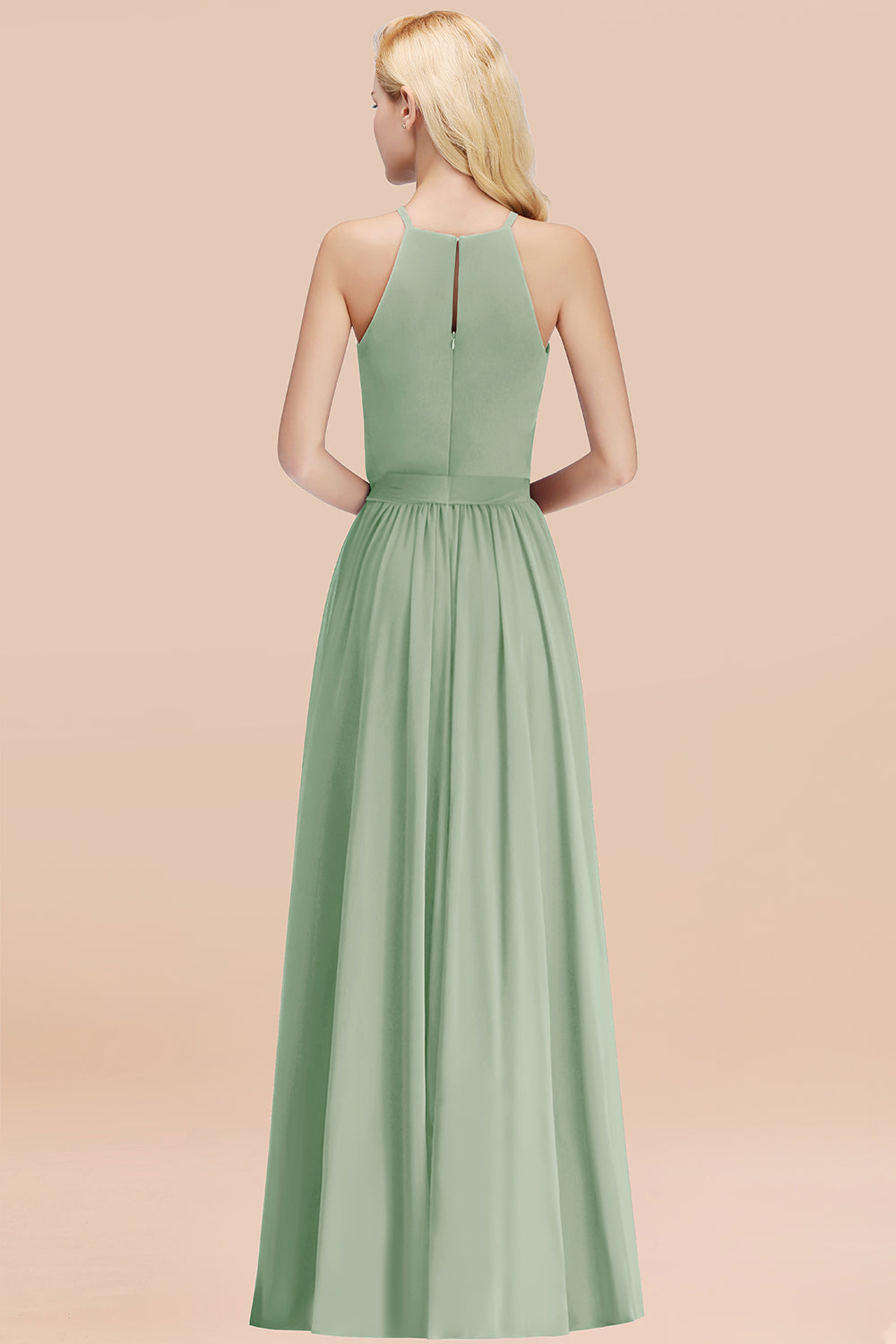 Modest Long A-line Halter Chiffon Bow Dusty Sage Bridesmaid Dresses