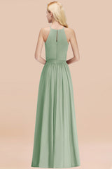 Modest Long A-line Halter Chiffon Bow Dusty Sage Bridesmaid Dresses