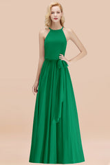 Modest Long A-line Halter Chiffon Bow Emerald Bridesmaid Dresses