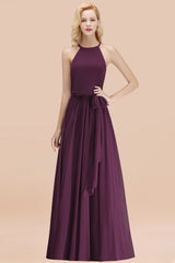 Modest Long A-line Halter Chiffon Bow Grape Bridesmaid Dresses