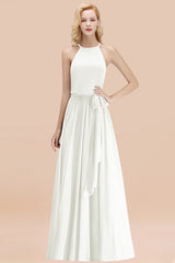 Modest Long A-line Halter Chiffon Bow Ivory Bridesmaid Dresses