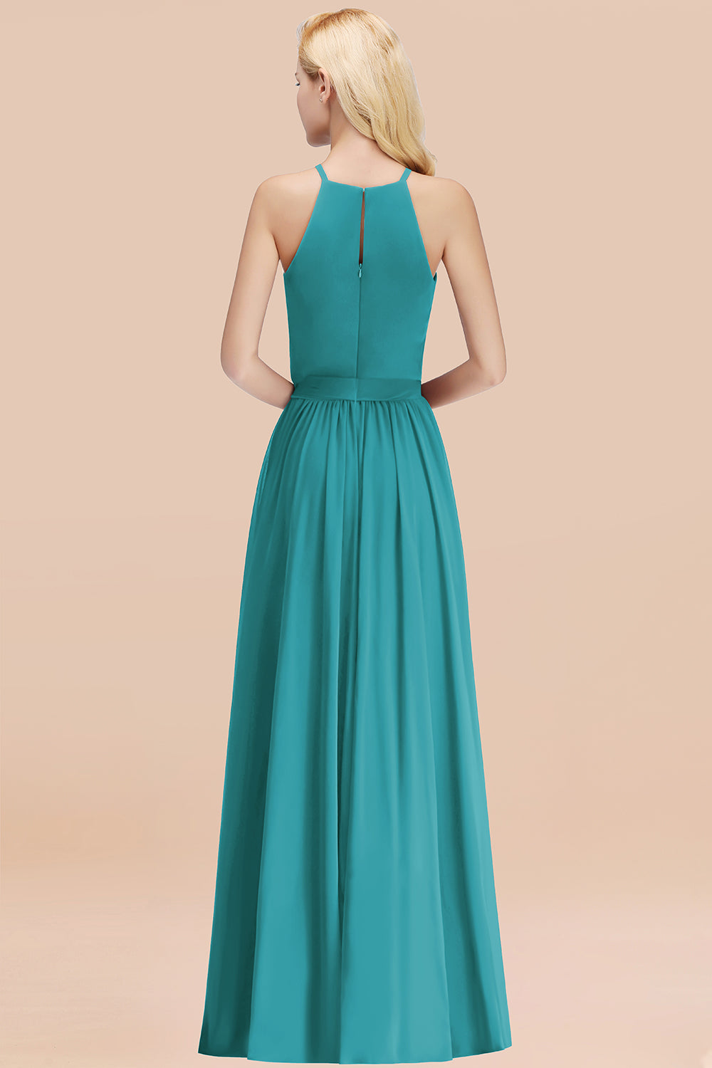 Modest Long A-line Halter Chiffon Bow Jade Bridesmaid Dresses