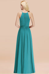 Modest Long A-line Halter Chiffon Bow Jade Bridesmaid Dresses