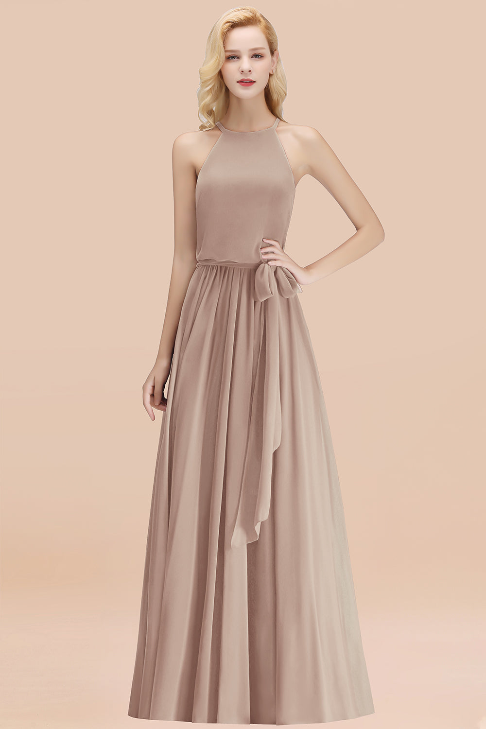 Modest Long A-line Halter Chiffon Bow Khaki Bridesmaid Dresses