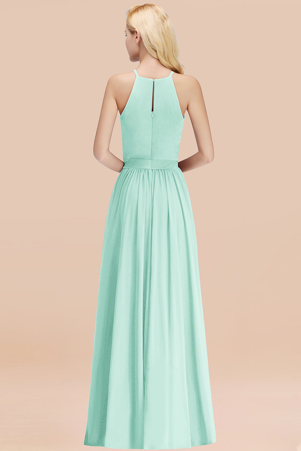 Modest Long A-line Halter Chiffon Bow Mint Bridesmaid Dresses