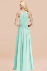 Modest Long A-line Halter Chiffon Bow Mint Bridesmaid Dresses