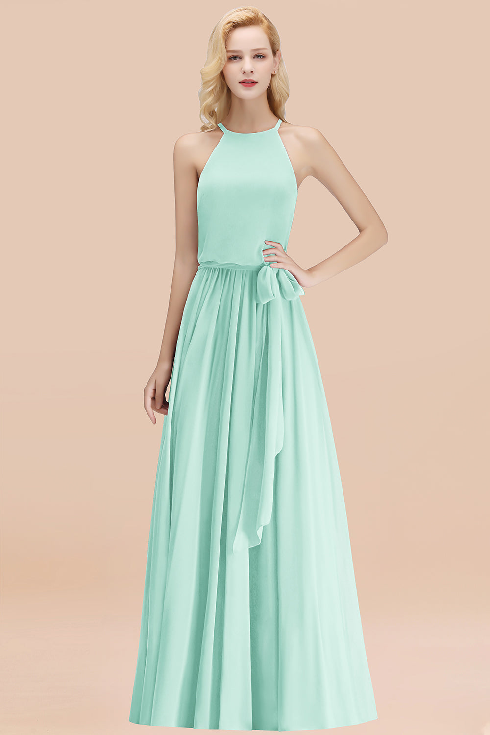 Modest Long A-line Halter Chiffon Bow Mint Bridesmaid Dresses