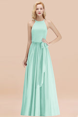 Modest Long A-line Halter Chiffon Bow Mint Bridesmaid Dresses