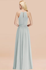 Modest Long A-line Halter Chiffon Bow Mist Bridesmaid Dresses