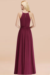 Modest Long A-line Halter Chiffon Bow Mulberry Bridesmaid Dresses