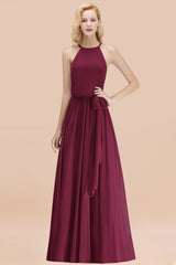 Modest Long A-line Halter Chiffon Bow Mulberry Bridesmaid Dresses