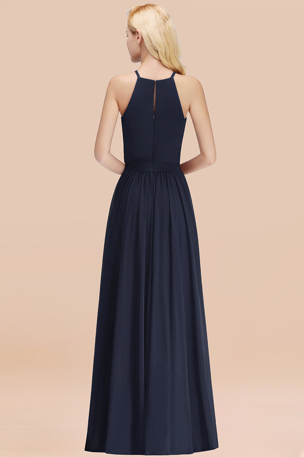 Modest Long A-line Halter Chiffon Bow Navy Blue Bridesmaid Dresses