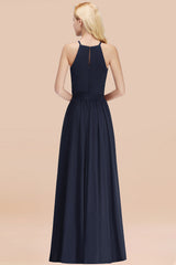 Modest Long A-line Halter Chiffon Bow Navy Blue Bridesmaid Dresses