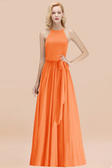 Modest Long A-line Halter Chiffon Bow Orange Bridesmaid Dresses