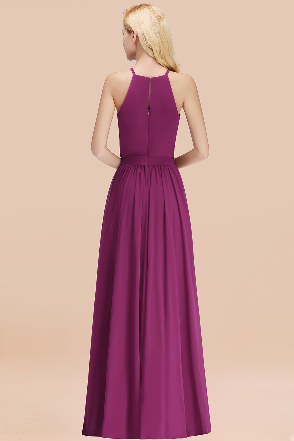Modest Long A-line Halter Chiffon Bow Orchid Bridesmaid Dresses